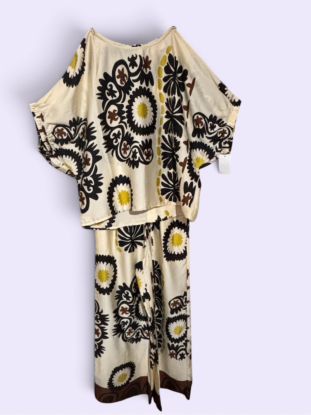 Melloday black, brown, and yellow floral print set with matching top and wide le